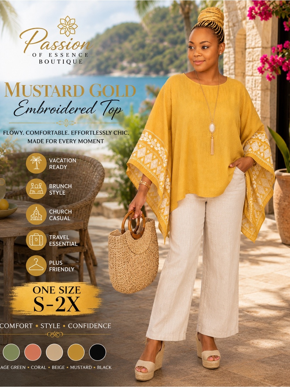 Golden Oasis Embroidered Poncho Top | Mustard Gold | One Size S-2X